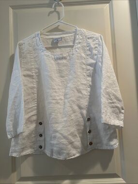 CMC Vintage 100%Linen ButtonAccent ScoopNeck White Pullover Top 3/4sleeve size S